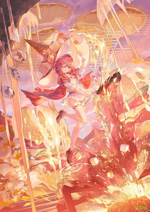 Anime girl with red hair and red eyes cooking