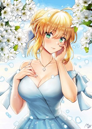Anime Girl in Elegant Blue Dress Among Blossoms