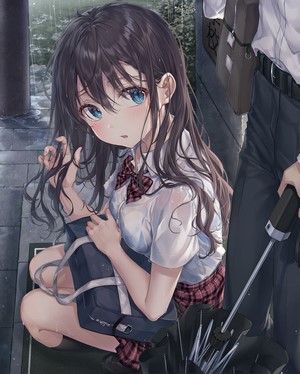Girl in school uniform in the rain
