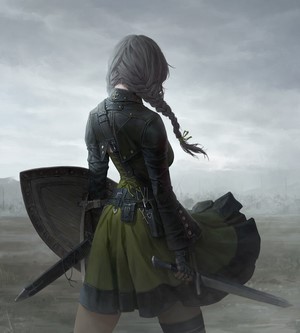 Woman with sword and shield in a field