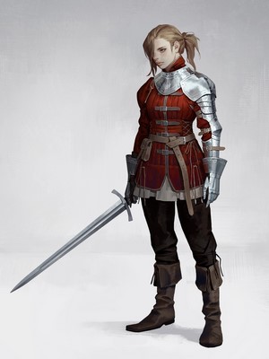 Woman in red armor holding a sword