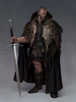Fantasy warrior with sword and fur cloak