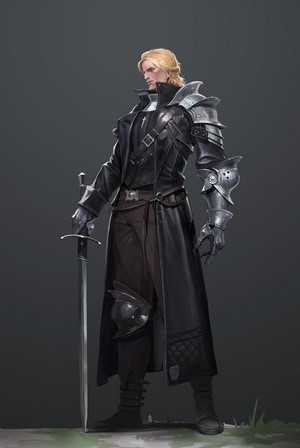 Concept art of a blonde knight in armor and coat