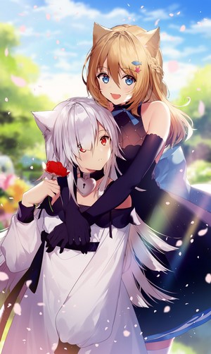 Two anime girls with animal ears in a park