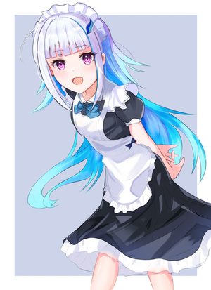 Anime girl in maid outfit with blue and purple hair
