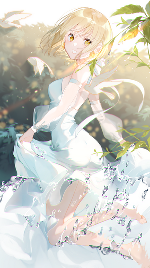 Anime girl with blonde hair and yellow eyes in a white dress