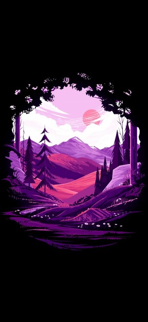 Purple mountain landscape with trees and sun