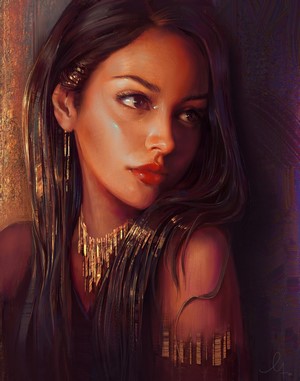 Digital art portrait of a woman with necklace
