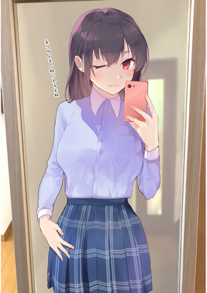 Anime girl with red eyes taking a selfie
