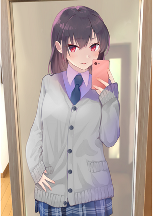Anime girl with red eyes taking a selfie