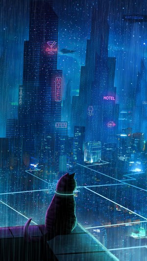 Cyberpunk cat in a rainy neon cityscape