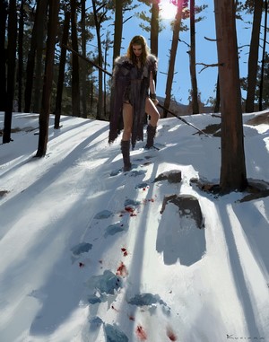 Barbarian woman with spear in snowy forest
