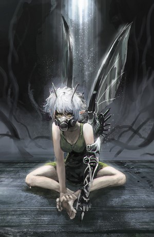 Cyborg fairy with gas mask and mechanical arm