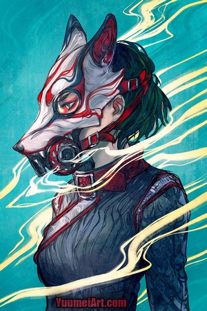Artwork of a person wearing a fox mask and gas mask