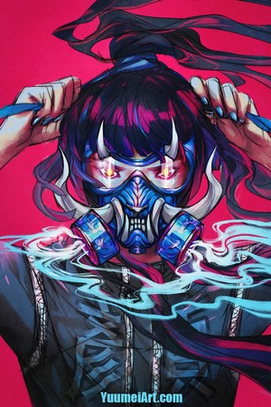Girl with Oni mask and gas mask