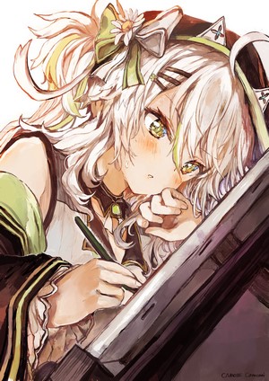 Anime girl with white hair drawing on a tablet