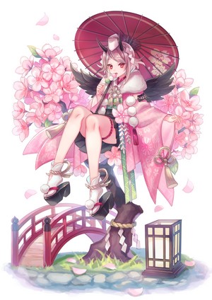 Anime girl with horns and wings holding an umbrella