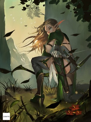 Elf archer in green outfit in forest