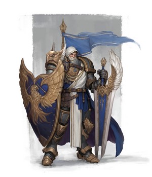 Warrior in Armor with Sword, Shield, and Banner
