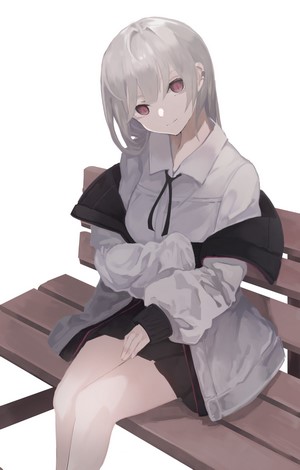 Anime girl with silver hair and red eyes sitting on a bench