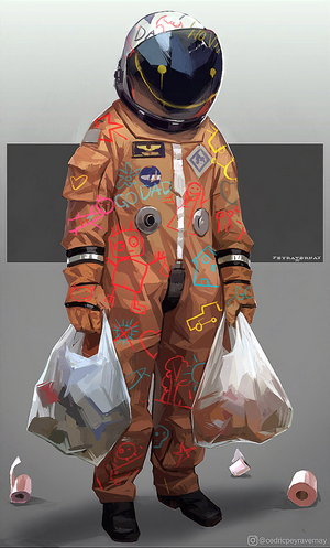 Astronaut in a decorated spacesuit holding grocery bags