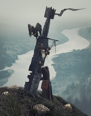Person with Eagle and Giant Sword on Mountain Overlooking River