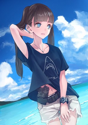 Anime girl with pistol and watch at the seaside