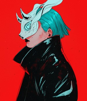 Woman in rabbit mask with blue hair
