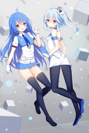 Two anime girls with blue hair and black thigh-highs