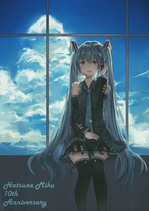 Hatsune Miku from Vocaloid sitting by a window