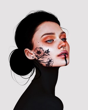Woman with flower tattoo and black paint on face