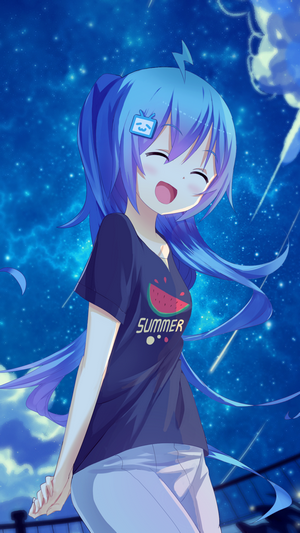 Anime girl with blue hair and watermelon shirt