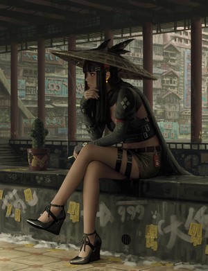 Woman in conical hat smoking, fantasy art by GUWEIZ