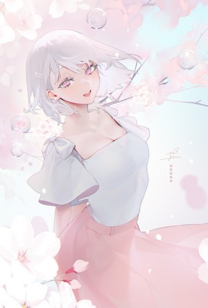 Anime girl with silver hair and pink eyes among cherry blossoms