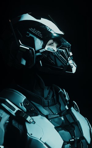 Futuristic armor portrait in teal and dark