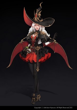 Fantasy witch with bat wings and red dress