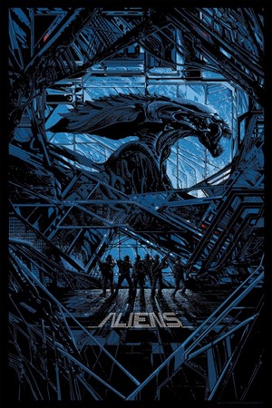 Aliens movie poster with Xenomorph and soldiers