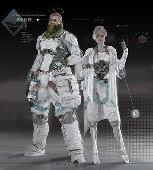 Two futuristic doctors in protective suits