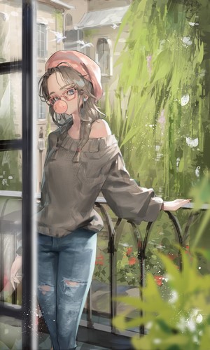 Anime girl with pink hat and glasses blowing bubble gum