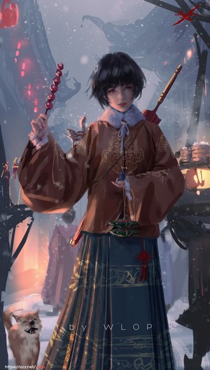 Anime girl in traditional Chinese dress holding candied fruit