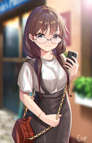 Anime girl with glasses holding a smartphone