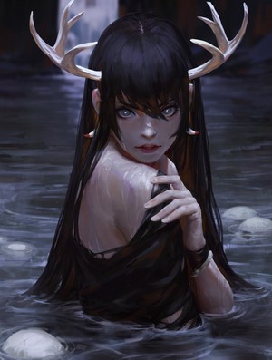 Woman with antlers in water