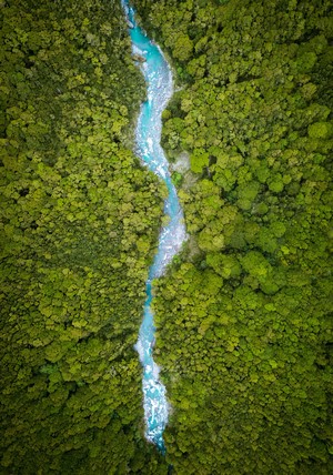 Aerial view of a turquoise river flowing through a dense green forest