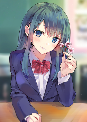 Anime girl with aqua hair and blue eyes holding flowers
