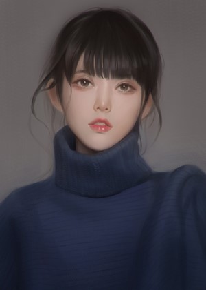 Asian woman with bangs wearing a blue turtleneck