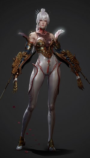 Woman with silver hair and ornate armor holding weapons