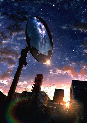 Anime city skyline with starry night sky reflection