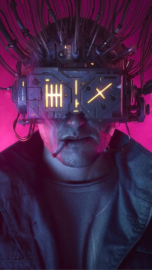 Man with cyberpunk helmet and cigarette