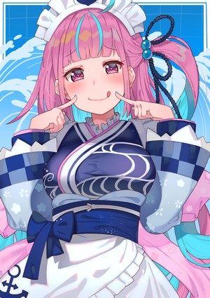 Minato Aqua from Hololive wearing a kimono and apron