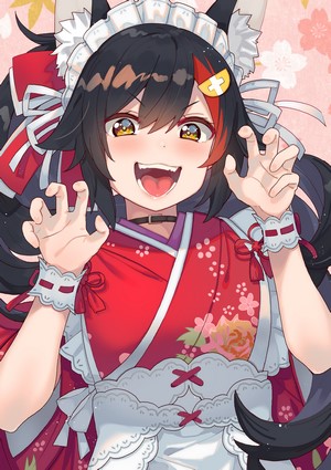 Ookami Mio from Hololive wearing a kimono and apron